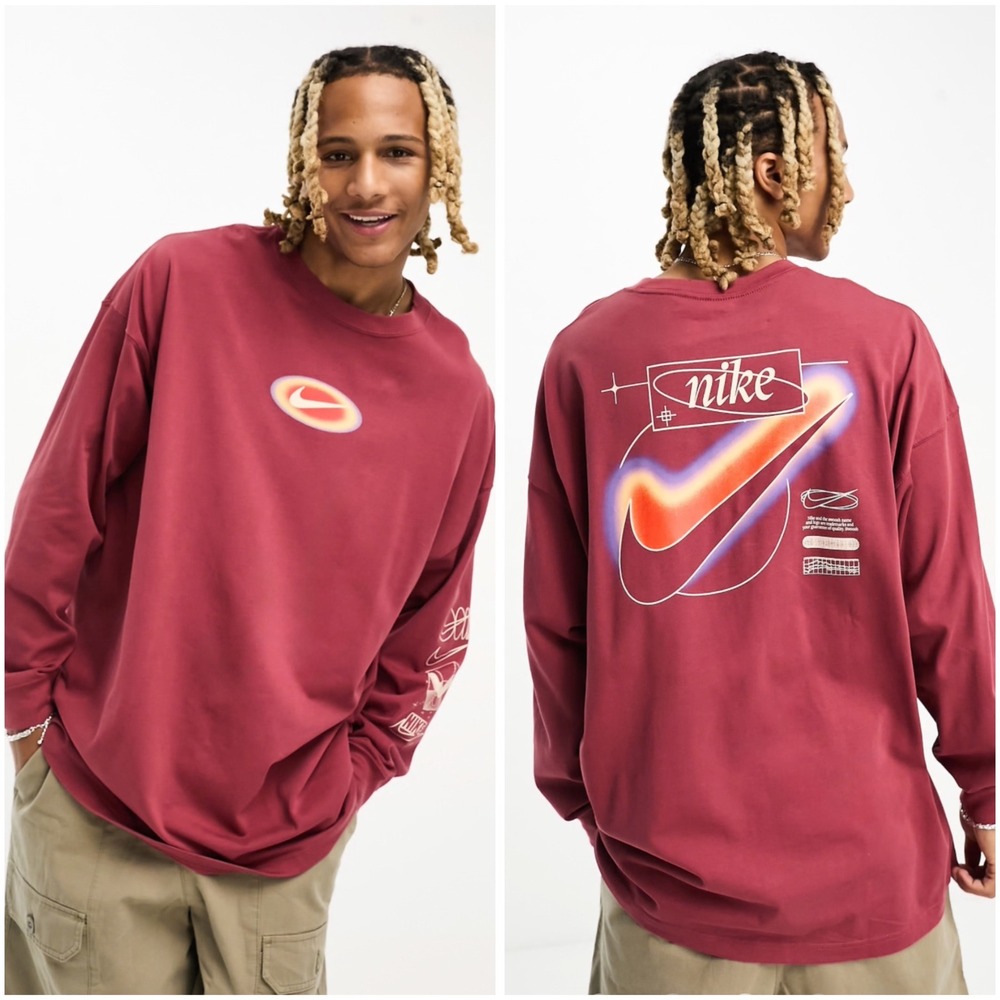 Nike Oversized Tshirt Long Sleeve Graphic Tee In Red Size Medium FD1311-661